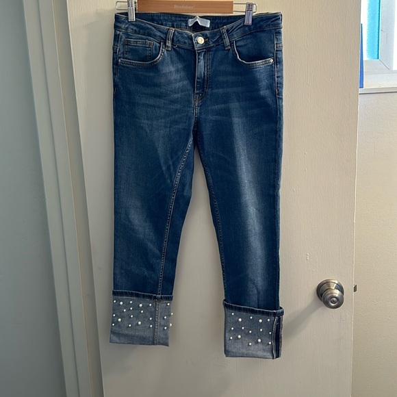 Zara Basic Z1975 Denim cuffed skinny with pearls - Picture 1 of 5